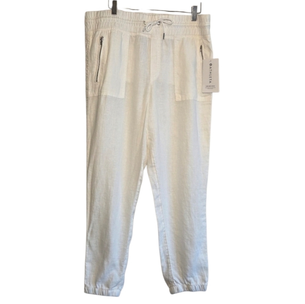 Athleta Women's White Cabo Linen Jogger Sz 14 High Waisted Vacation Beachy